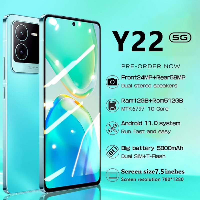 5G HP Handphone Y22  7.5inch 12GB+512GB Smartphone Murah Promo Cuci Gudang Android Ponsel Baru Original 4G/5G HD Screen Mobile Phone iqoo neo6 se hp Y15s|  hp T1  | hp Y21s | COD