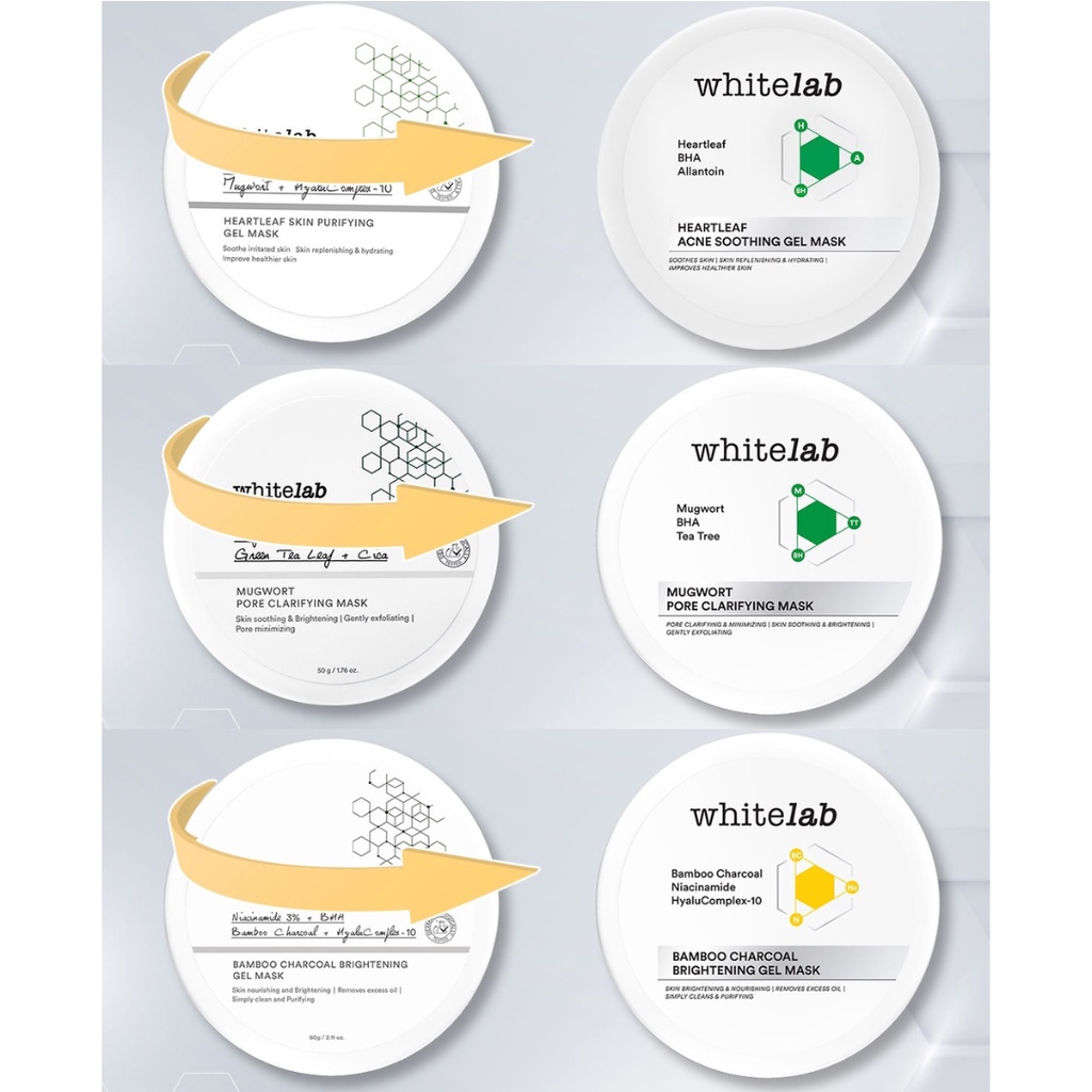 Whitelab Heartleaf Skin Purifying Gel Mask 60gr | Whitelab Mugwort Pore Clarifying Mask | Whitelab Bamboo Charcoal Brightening Gel Mask