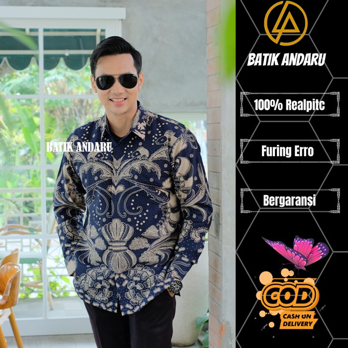 Kemeja Batik Pria Lengan Panjang Modern Kualitas Premium Heem Elegant Bahan Katun Primisima Solo Warna Biru Navy