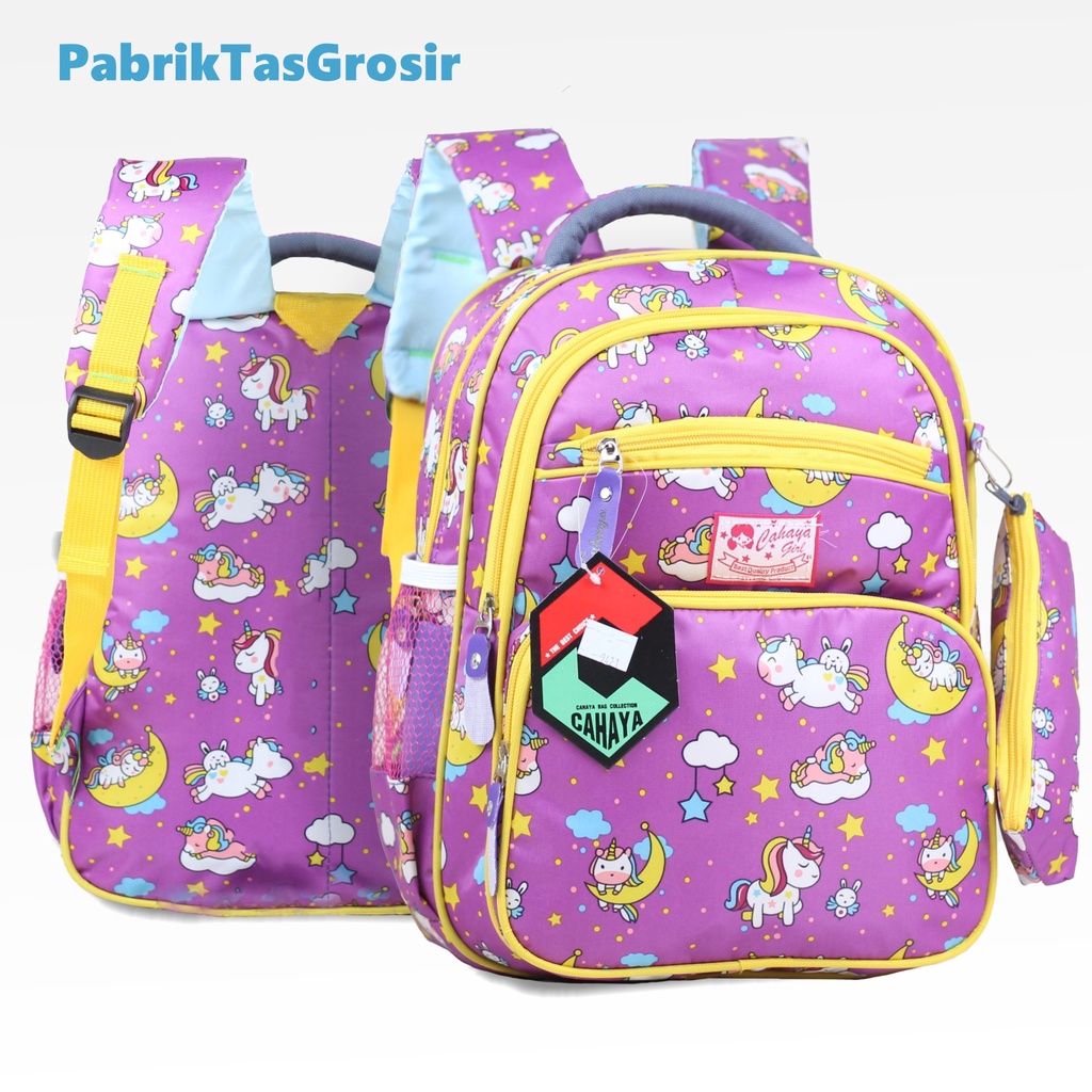 Tas Ransl Unicorn Anak Perempuan PAUD TK SD Bonus Tempat Pensil Ukuran Compact Backpack Sekolah Anak Cewek Ngaji Les TPA TPQ Piknik Ts Bagus Bahan Impor Tebal Awet Kuat Bonus Raincover Muat Buku Tema LKS IPad Tablet Tas Cahaya Unicorn Bulan