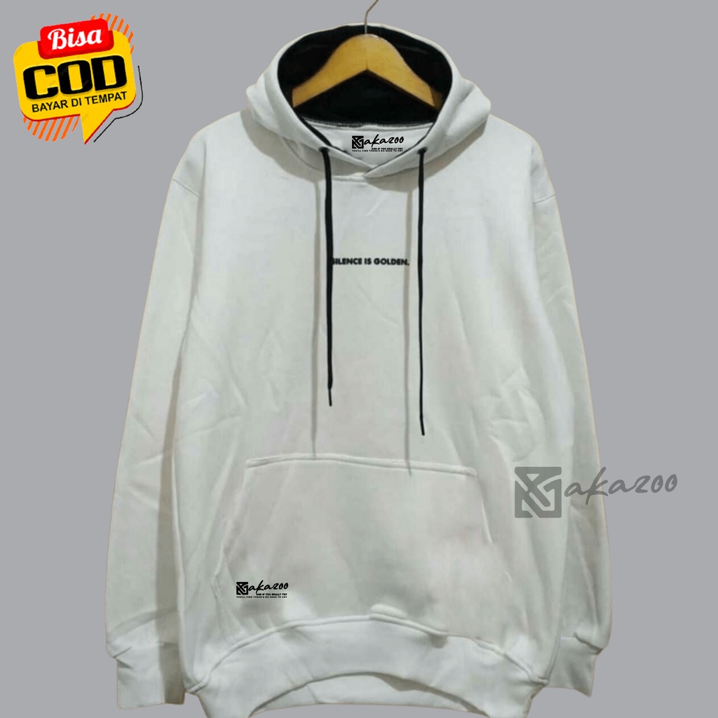 ziper hoodie pria original Sablon silence is golden Warna Putih sweater pria distro jumbo hoodie oversize korean style pria hoodie akazoo