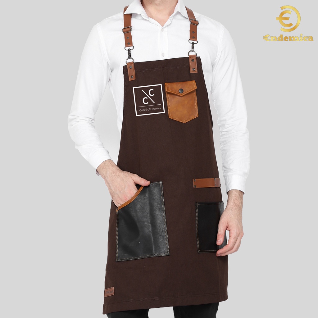 Apron Full Cotton &amp; pu kulit pocket Y strep synthetic leather Warna Khaki/Coffee