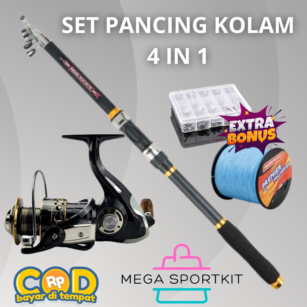 1 Set Paket Mancing Mania 4 IN 1 Joran Stik Telescopic Panjang 210cm Reel Spinning 13 Ball Bearing S