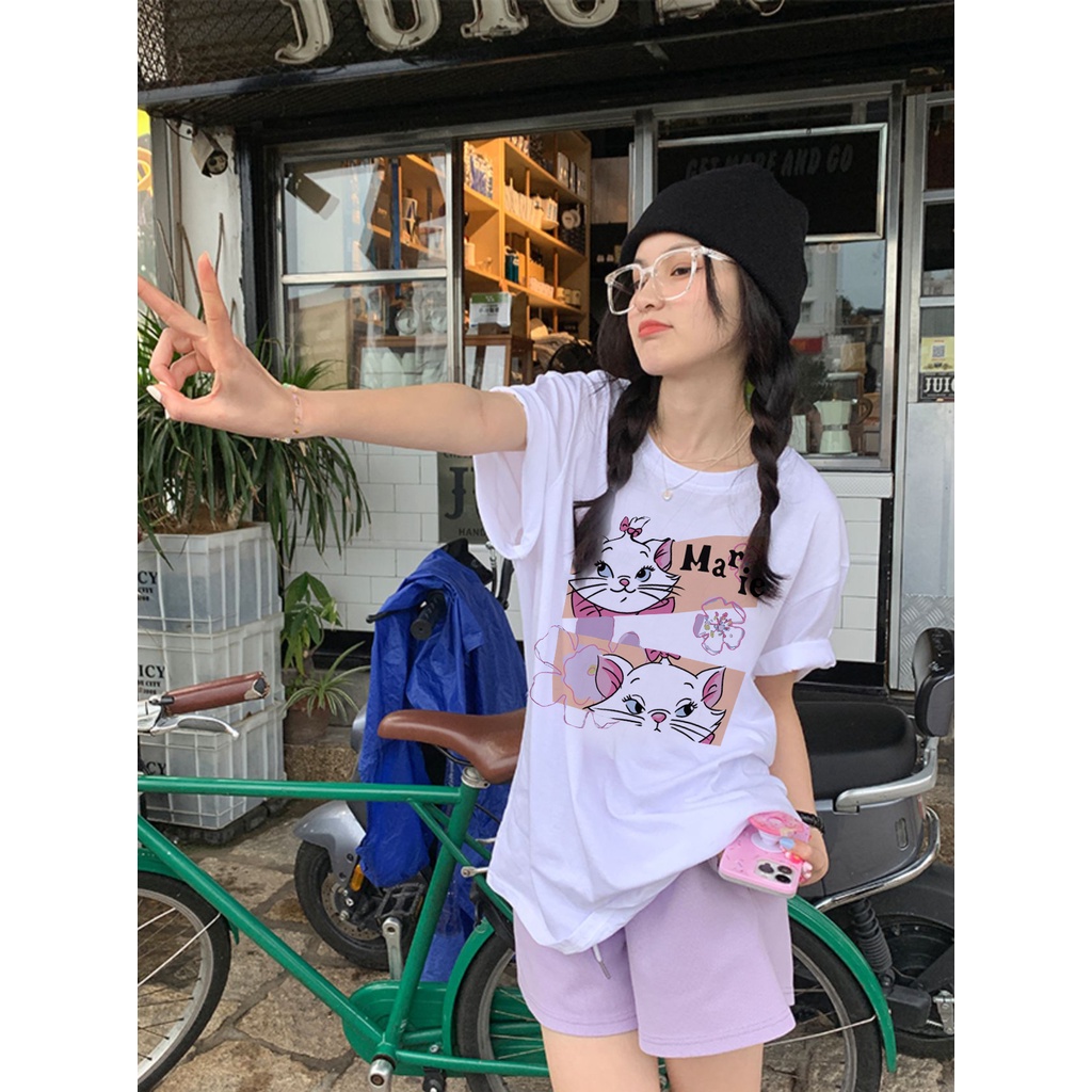 EUNII T-shirt Lengan Pendek Cartoon Pink Cat Korean Style/Kaos Atasan Wanita/Baju Kaus Oversize Wanita/Kaos Wanita