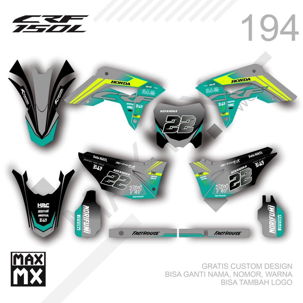 Decal CRF 150L FULLBODY 194 MOTIF SUPERMOTO GRADASI HITAM ABU2 HIJAU
