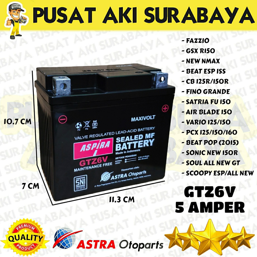 PROMO PRODUK ASPIRA GTZ6V 5 AH ACCU BERKUALITAS UNTUK MOTOR CB 150R SATRIA FU AIR BLADE 150 MTZ6S YTZ6V GTZ7S