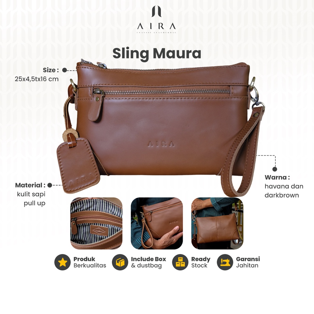 Aira Tas Selempang Wanita Sling Bag Maura Kulit Sapi Asli Bahan Pull Up Leather Terbaru Kain Lurik Tradisional Tali Panjang Adjustable Tali Pendek Kekinian Original