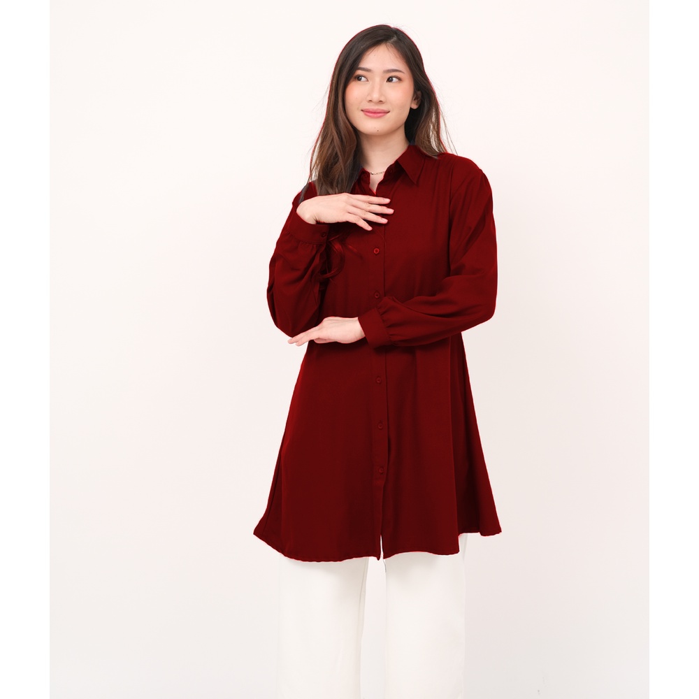 NHM Kemeja Wanita Tunik Moscrepe, Kemeja Tangan Panjang Polos