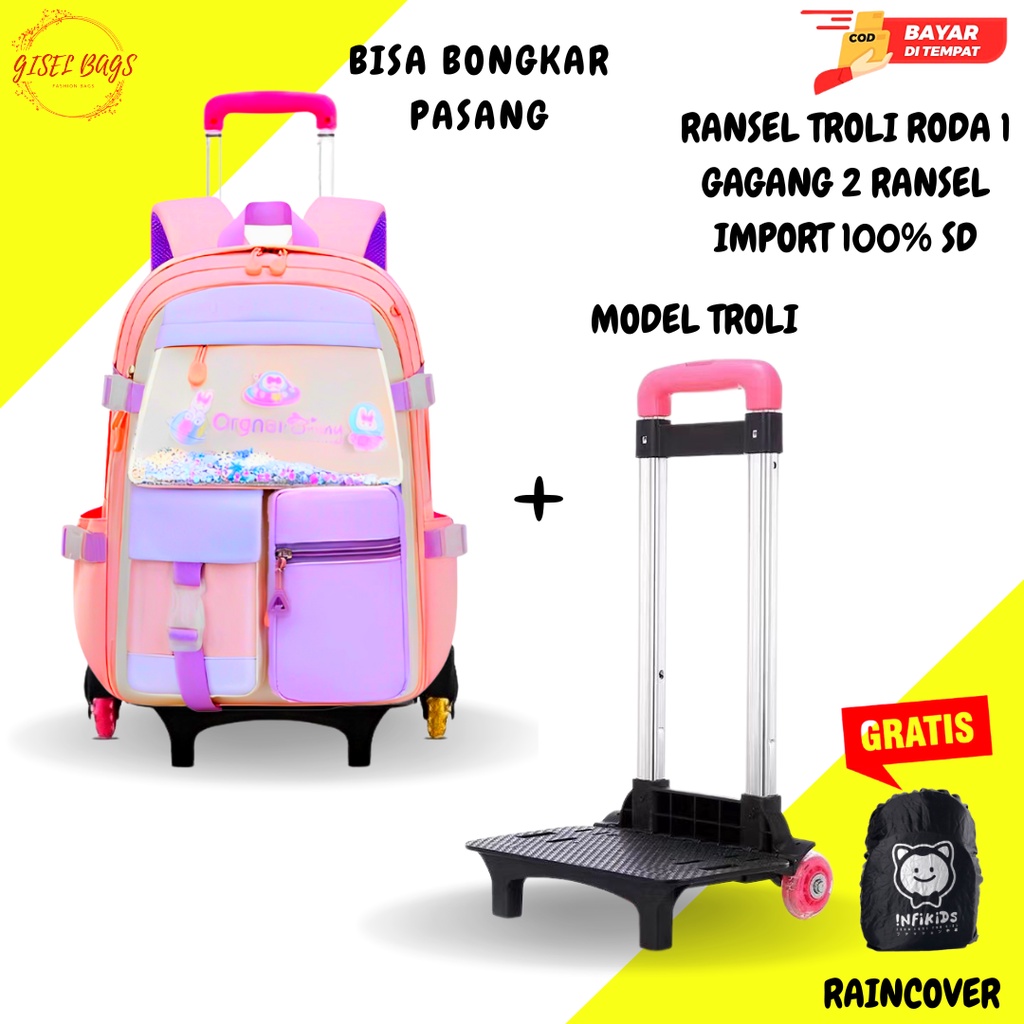 Tas troli anak sekolah SD roda 1 gagang 2 import serbaguna bisa bongkar pasang waterproof