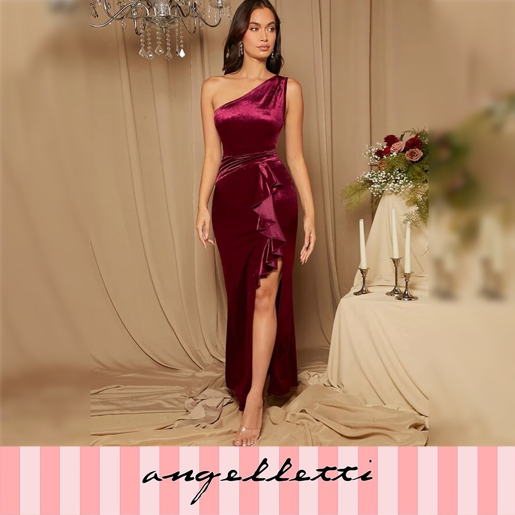 Long Dress Bodycon One Shoulder Split Bridesmaid Mahony Maroon SY