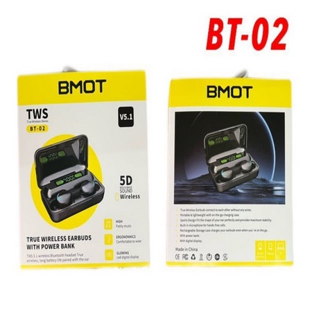 Headset Bluetooth Tws BMOT BT-02 + powerbank earphone wireless BT02