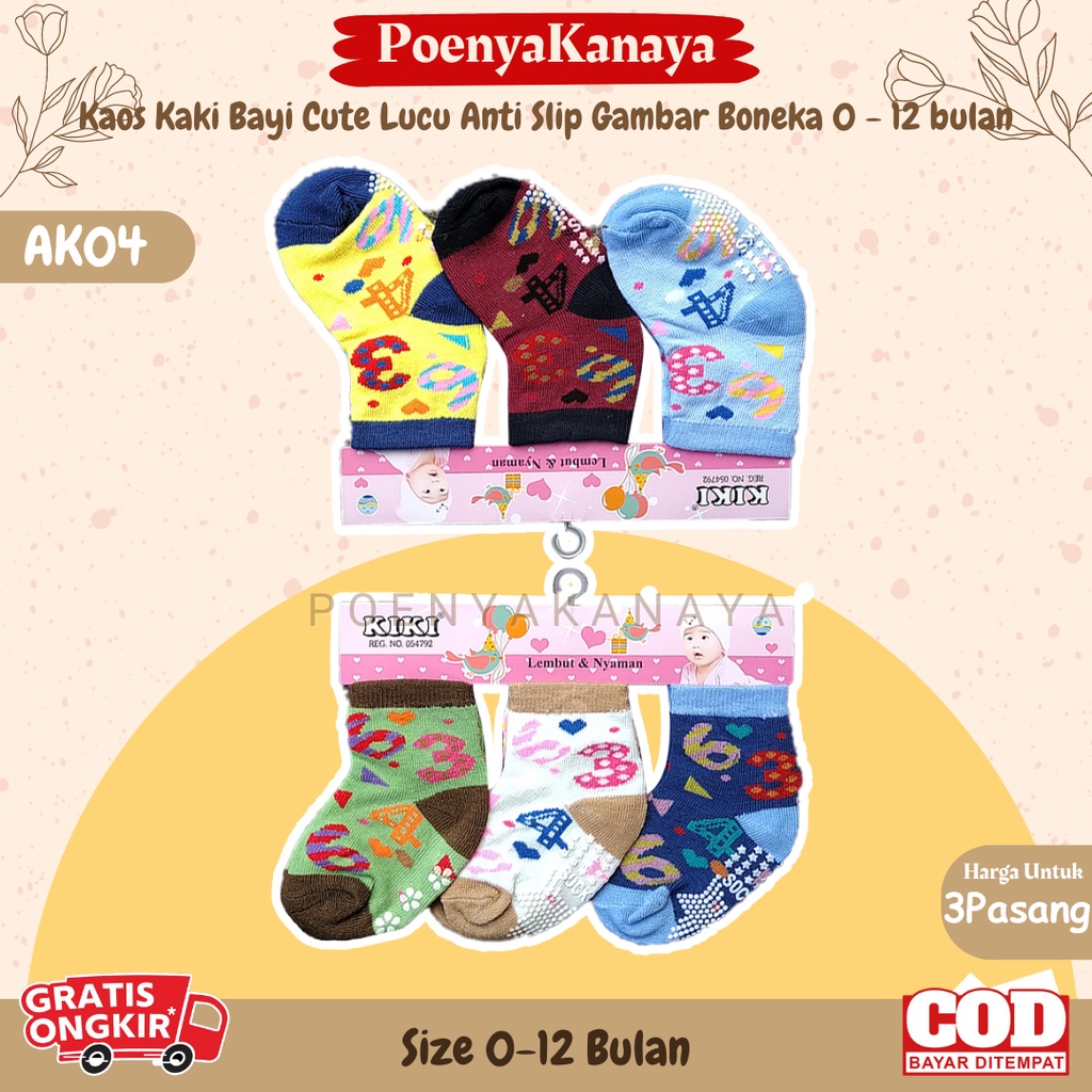 3Set Kaos Kaki Bayi Cute Lucu Anti Slip Gambar Boneka 0 - 12 bulan AK04