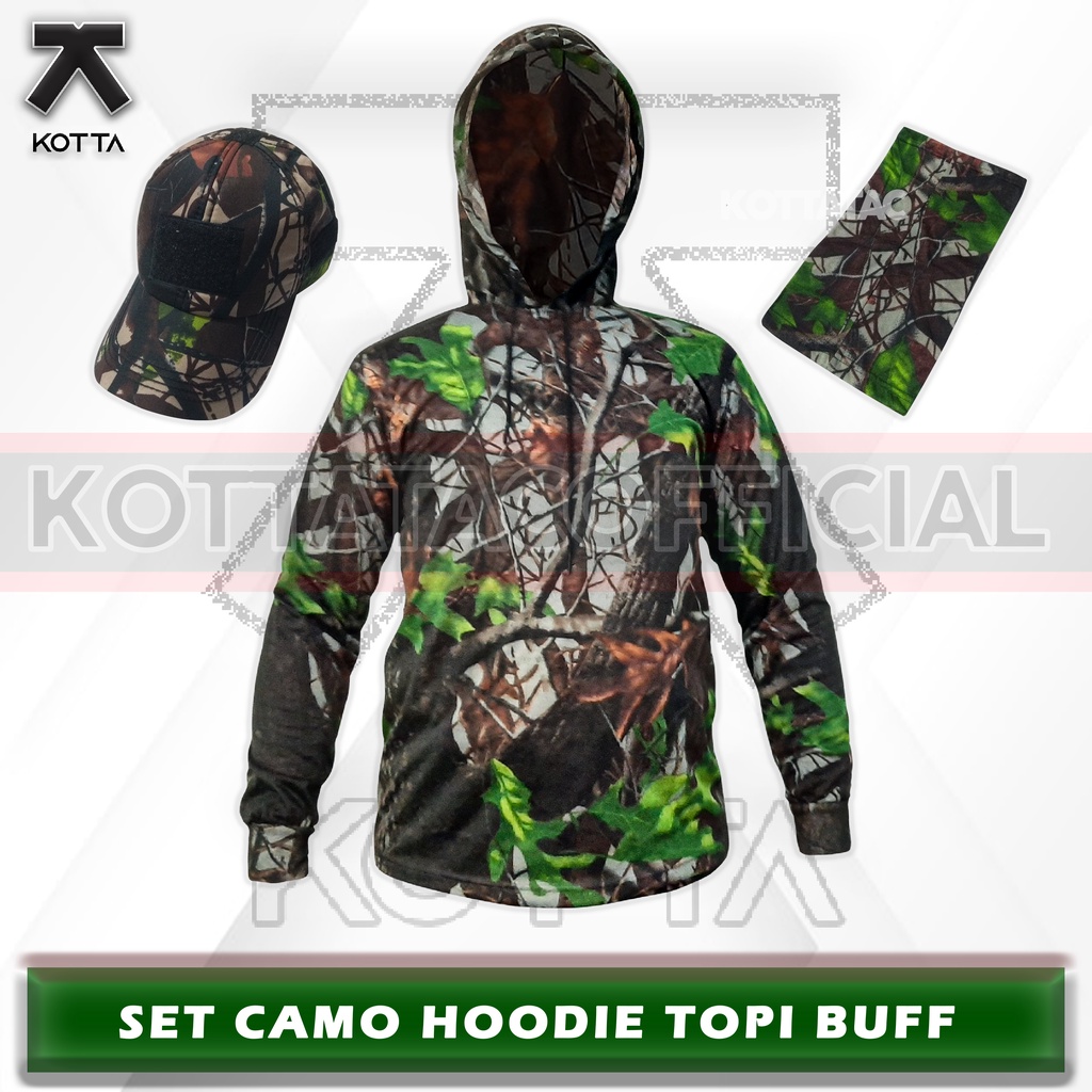 SATU SET SETELAN BAJU KAOS HOODIE CELANA TOPI KAMUFLASE CAMO PERBAKIN HUNTING BERBURU