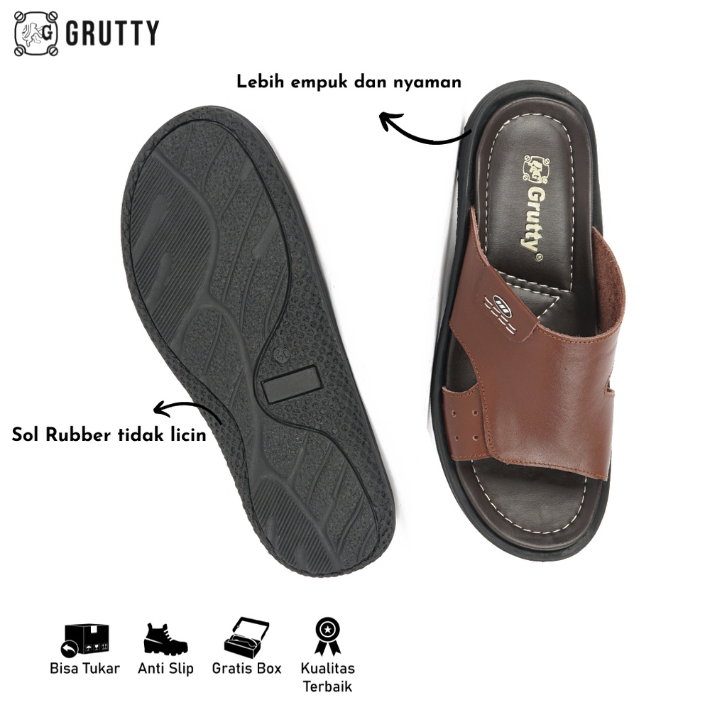 GRUTTY Sandal Pria Sendal Slide Kulit Asli Coklat 233