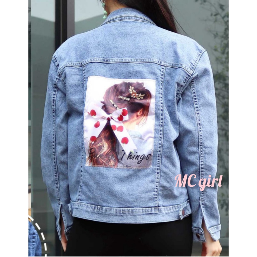 ( Bisa COD ) MC girl - Jaket Jeans Snow Gambar Belakang / Jaket Denim Gambar Pita Goyang Wanita / Jacket Lepis Gambar Pita Belakang