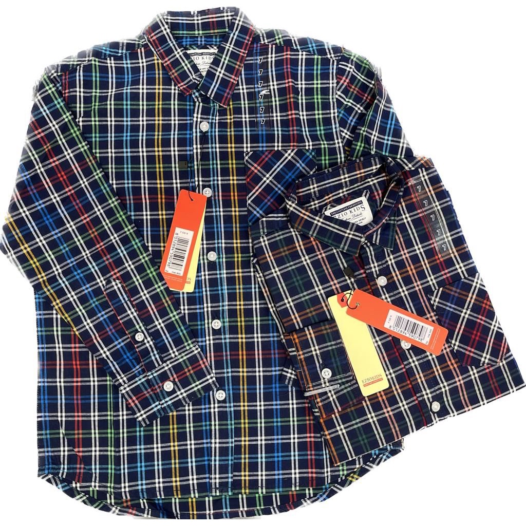 (Ezio Kids) Kemeja Lengan Panjang Kotak-Kotak/Garis-Garis -  GARIS BIRU KOMBINASI & GARIS ORANYE KOM