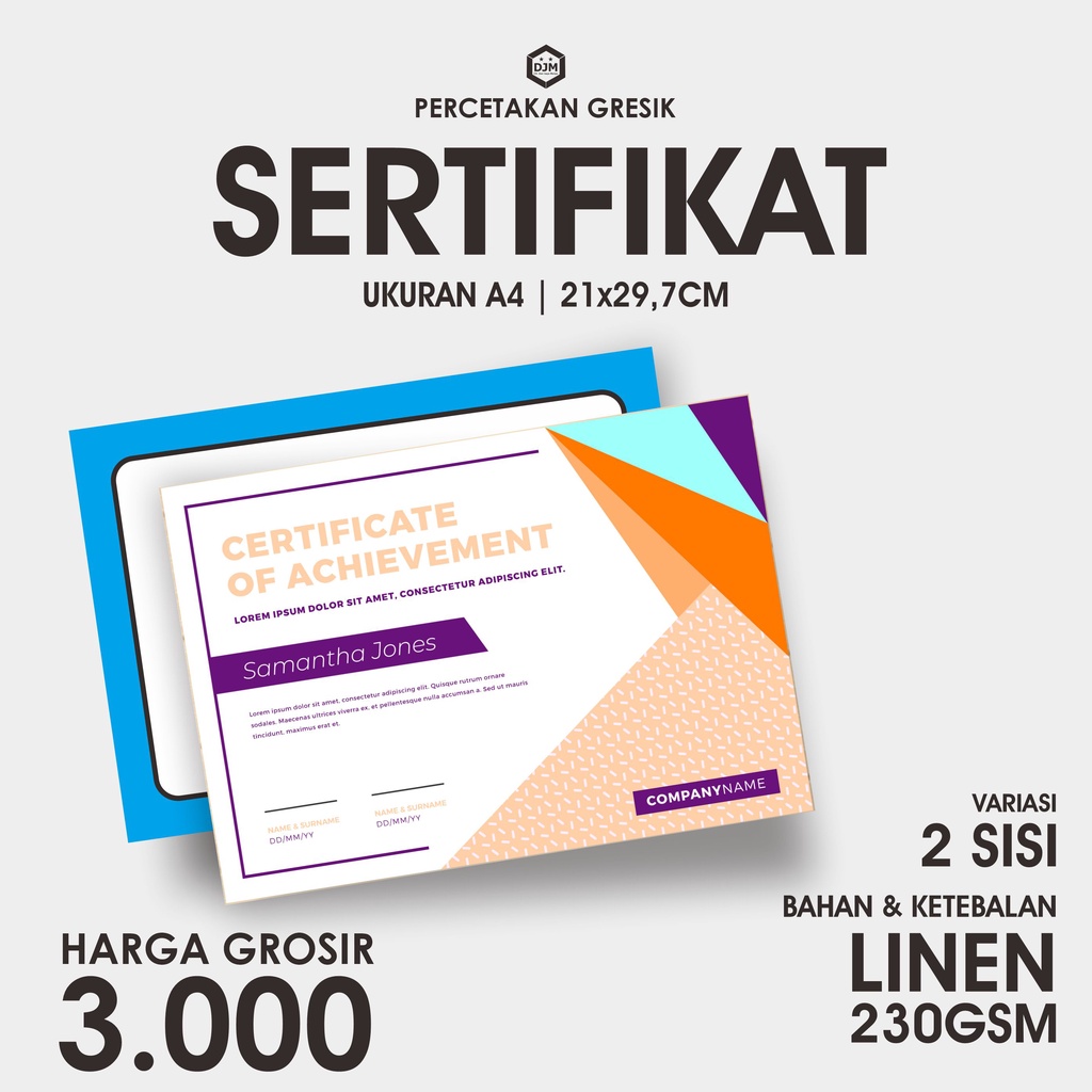 

SERTIFIKAT / PIAGAM PENGHARGAAN | 2 SISI | UK A4 BAHAN LINEN TEXTURE SERTA KAIN CUSTOME