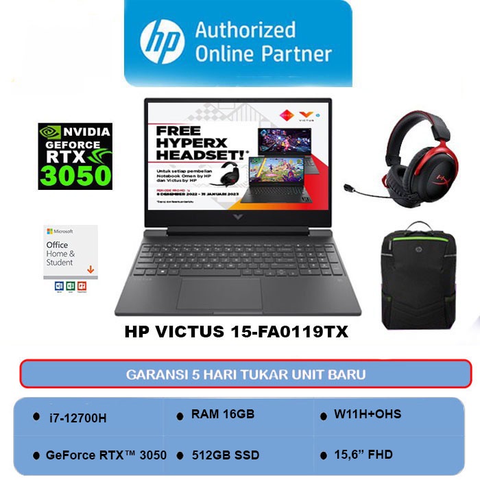 LAPTOP HP Victus 15-fa0119TX-i7-12700H RTX3050 16GB 512GB W11H+OHS