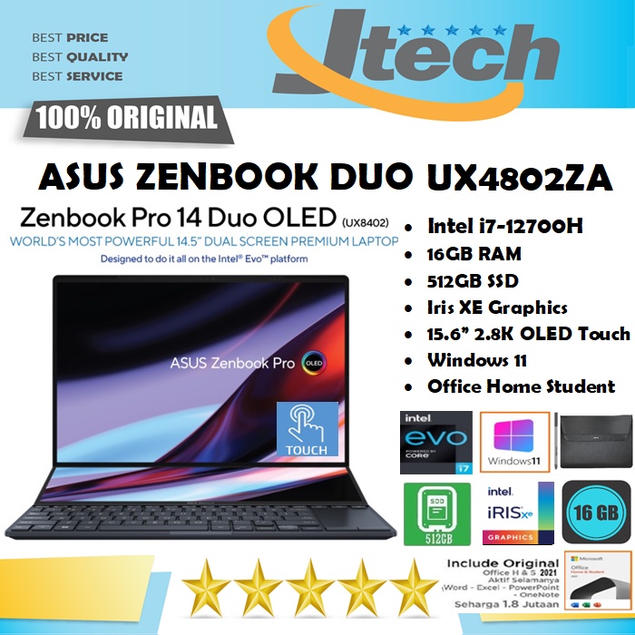 ASUS ZENBOOK PRO 14 DUO OLED UX4802ZA - i7-12700H - 16GB - 512GB SSD - IRIS XE - 14.5&quot;2.8K OLED TOUCH - WIN11 - OFFICE HOME STUDENT