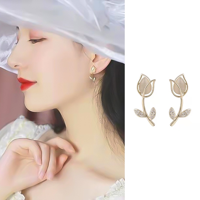 Anting Bunga Tulip Perak 925 Temperamen Elegan Anting Opal Perempuan