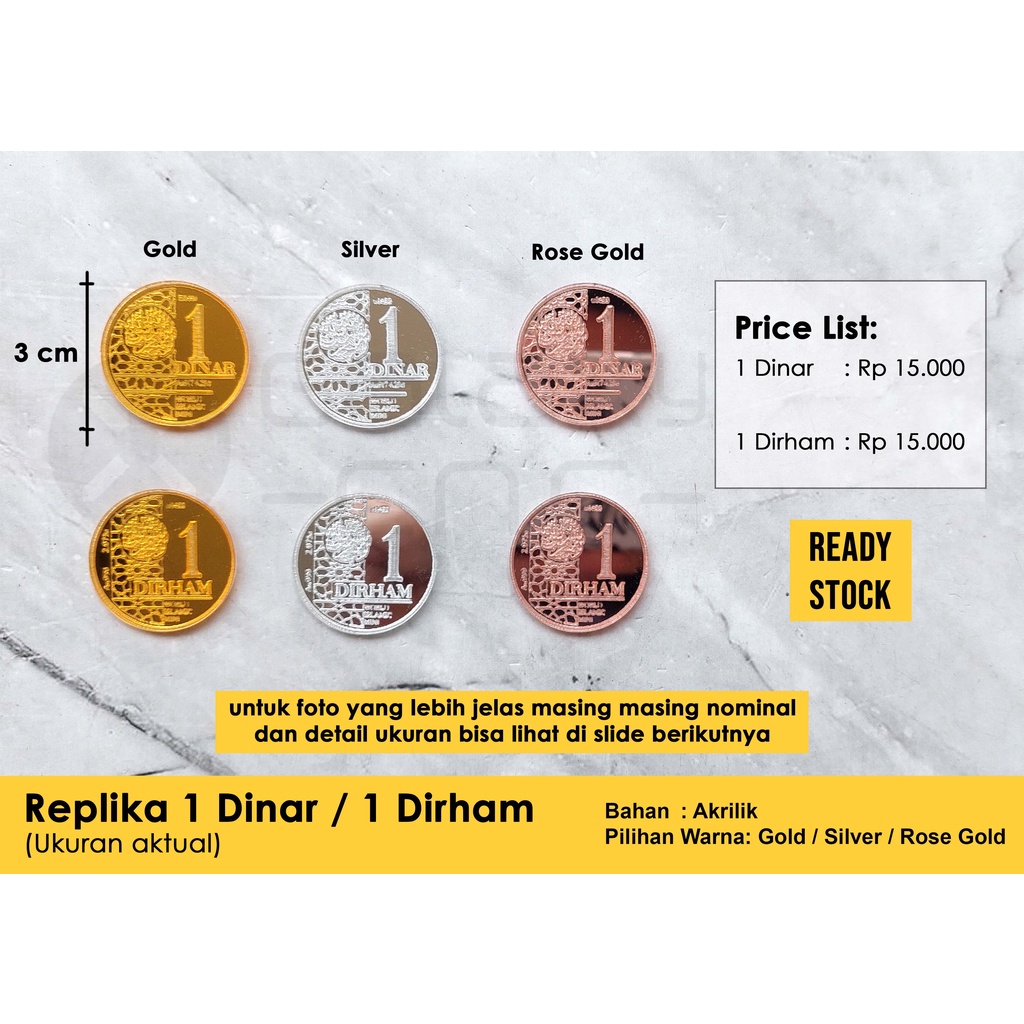 Replika 1 Dinar / 1 DIrham - Akrilik Gold / Silver / Rose Gold