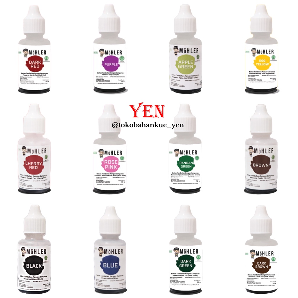 

Mohler Pewarna Makanan 30gr Merah / Kuning / Hijau / Biru / Ungu / Orange / Pink / Hitam