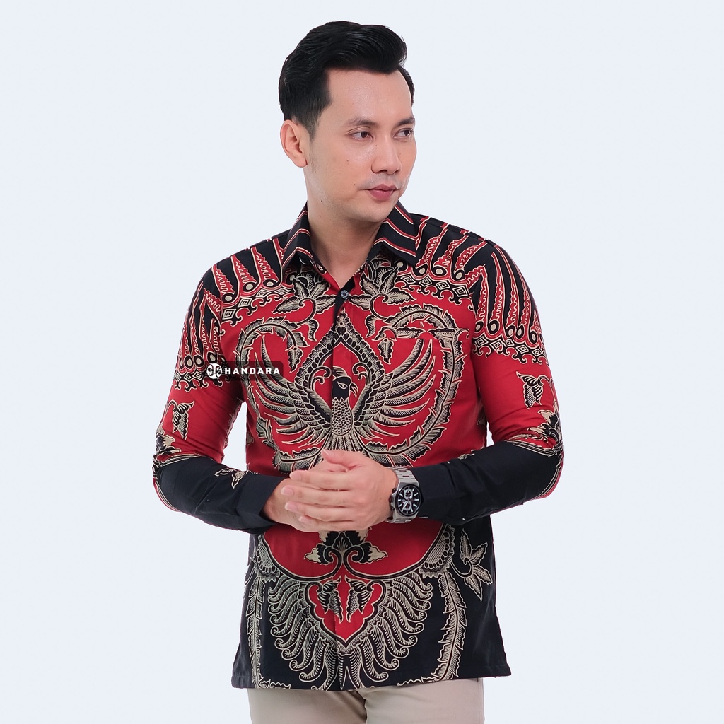 Handara Batik Pria Lengan Panjang Slim Fit Premium Bangkok Merah Hitam HB-343