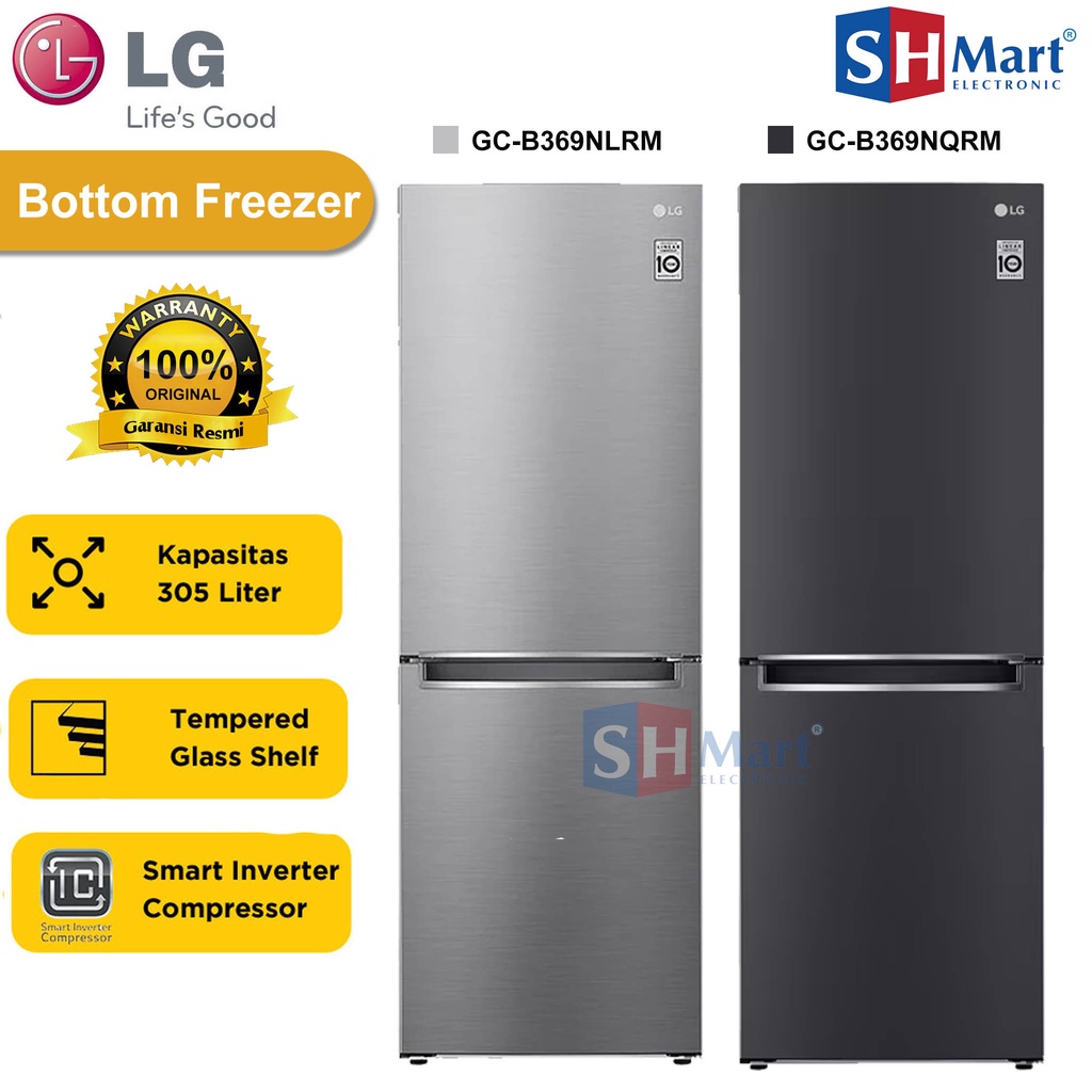 KULKAS LG 2 PINTU BOTTOM FREEZER GC-B369NQRM / GC-B369NLRM KAPASITAS 305 LITER GARANSI RESMI