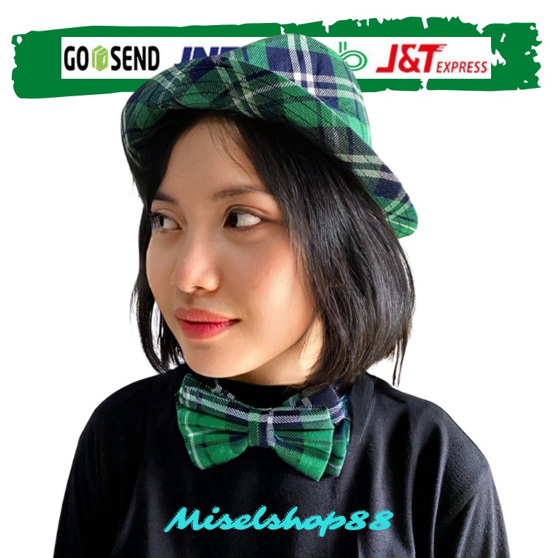 1 set topi dan dasi kupu kupu motif hijau