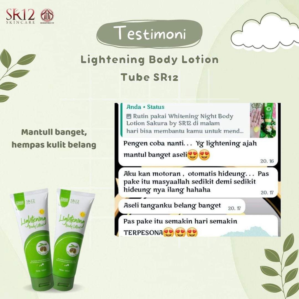 Lightening Body Lotion SR12 Lotion Pencerah Melindungi Kulit dari Sinar UV SPF 30++ dan Antioksidan