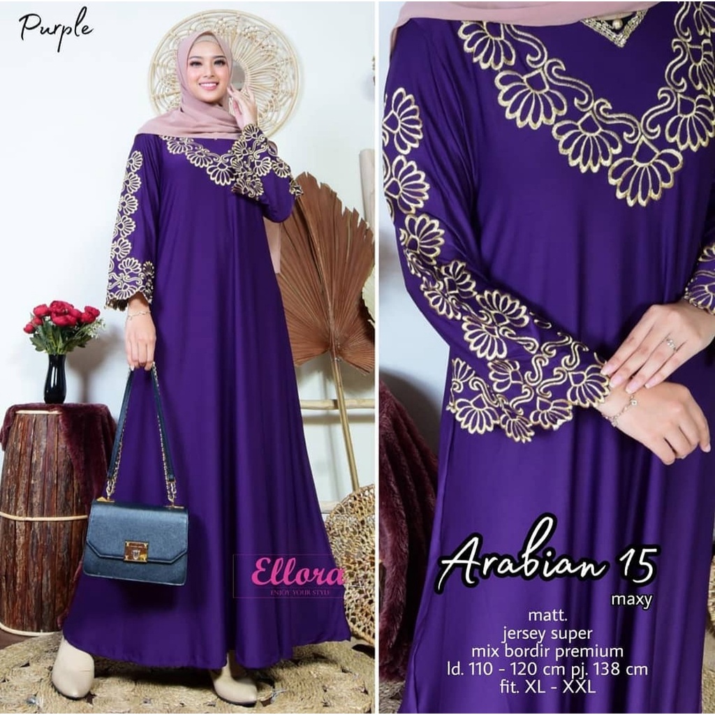 Gamis Muslim Arabian #15 Milaty Maxy Jumbo Jersey Motif Bordir xxxl Ld 130cm Arabiana Abaya Millaty Gamis Lebaran Remaja Muslimah Terbaru Seragaman Pengajian Murah Mila Dress Wanita Muslimah Syar'i Gamis Polos Tebal Premium Warna Hitam Milati Maxi