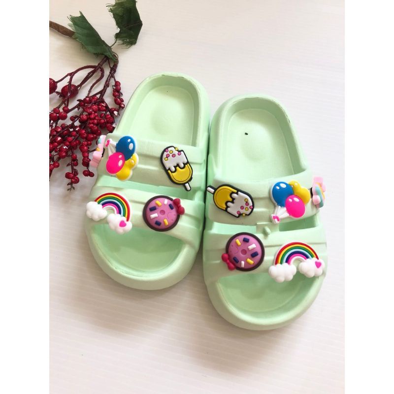 Sandal anak perempuan Casual ban dua slip on motif jibitz lucu gemoy