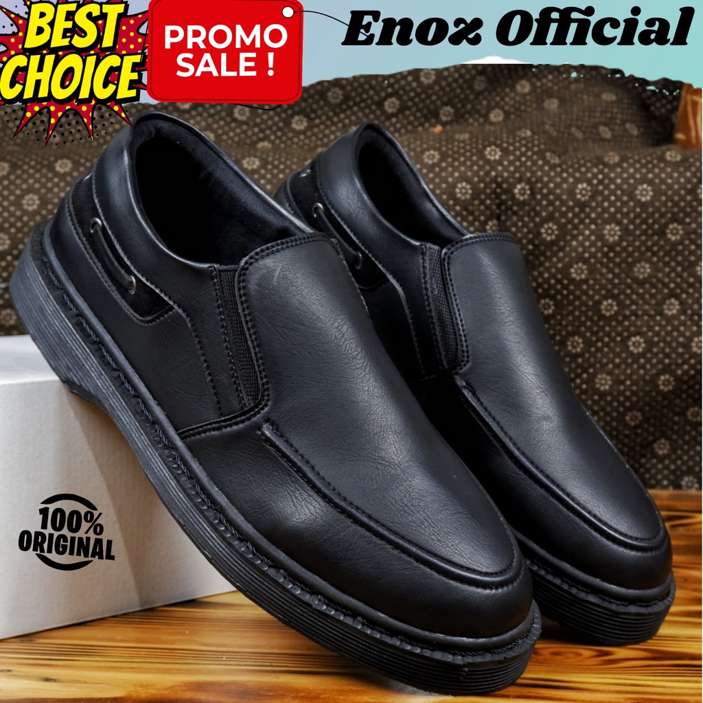 Sepatu Penny Loafers Pria Hitam Casual Formal Kulit PU Sintetic Faux Premium Slip on Slop Enoz Nitro Black