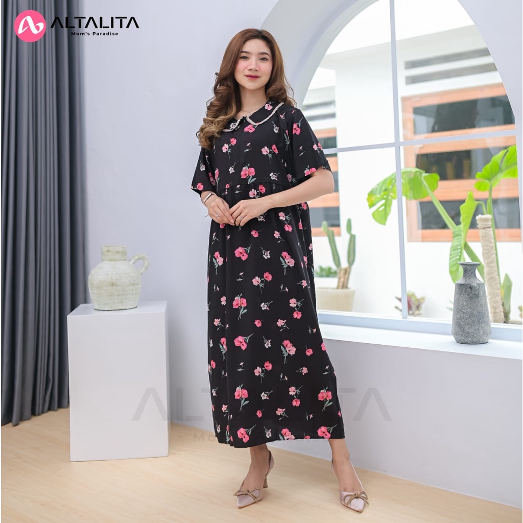 Altalita - Daster Kerah Renda Wanita Busui Motif Remaja Kekinian Lengan Pendek Panjang Semata Kaki Bahan Rayon Premium Jumbo LD 120