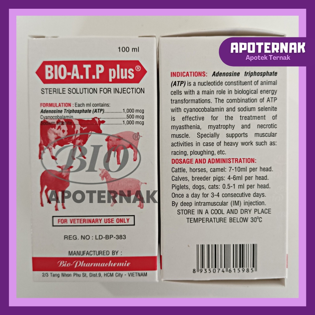 BIO ATP PLUS 100 mL | Injeksi ATP Energi Instan Penguat Otot Stamina dan Daya Tahan Tubuh Hewan | Seperti Biodin Biosan Biotonik Biopros