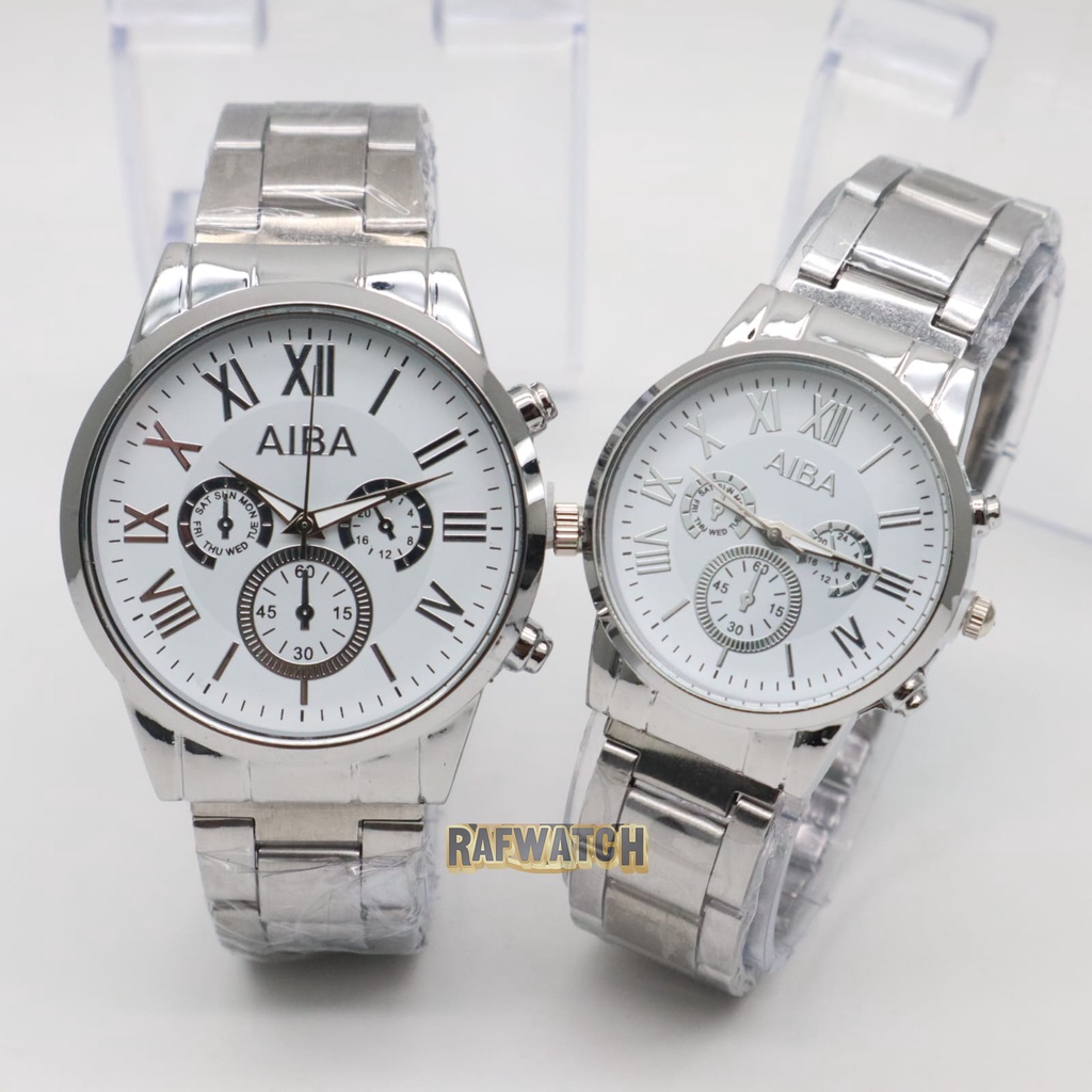 Jam Tangan Pasangan Pria Wanita Analog Casual Rantai Stainless Silver Hitam RPA9