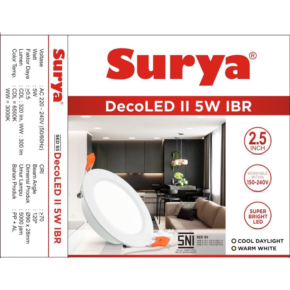 Surya Lampu LED Downlight Decoled II IBR 3 5 9 15 18 Watt Inbow Bulat Standar SNI