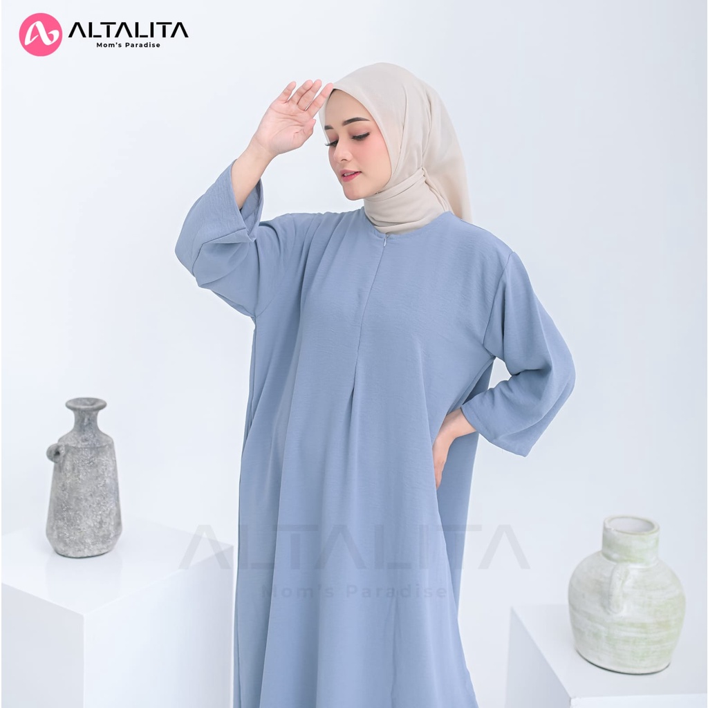 Altalita - Daster Gamis Kekinian Cringkle Airflow Polos Lengan Tangan 3/4 Busui Panjang Semata Kaki Jumbo LD 120