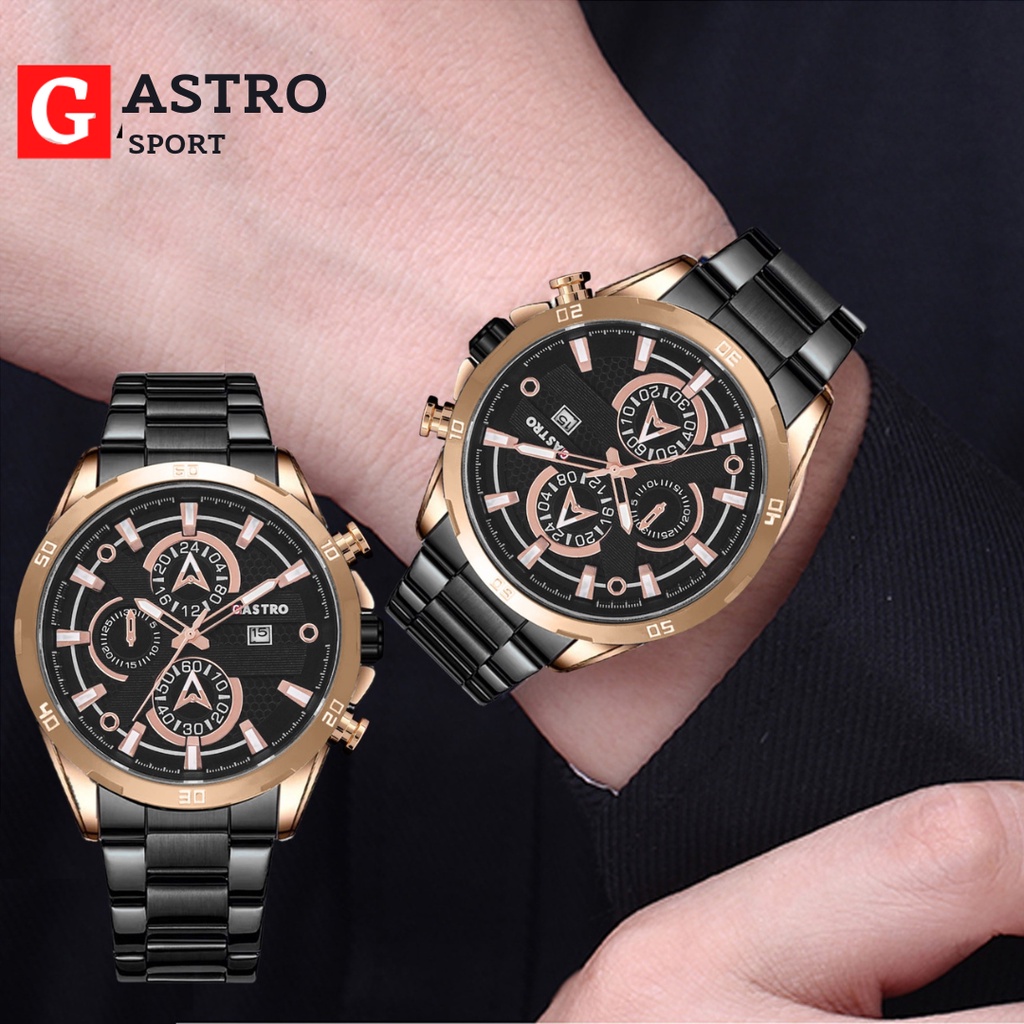 Jam Tangan Pria GASTRO 1596-A Rantai Stainless Tanggal Aktif Body Bulat Free Box l Jam Tangan Analog Kasual Pria