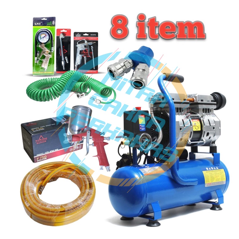 TERMURAH !! MESIN paket Kompresor Angin / Kompresor Udara lengkap 5 ITEM tukang cat/bengkel motor mobil Mesin Kompresor Listrik Oilless Silent 9 Liter 1hp ada spray gun F 75 + selang kompresor 9m + Alat Pengisi Angin ban Semprotan Angin Kompresor