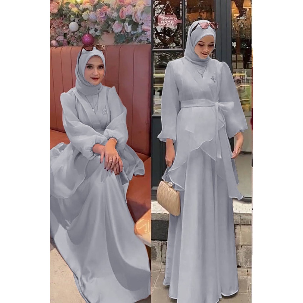 ELDE 12 - MAXI ORGANZA MAXY DRESS ( M - L - XL - XXL ) BAHAN VELVET BAGIAN CARDI ORGANZA DEPAN NYATU, LENGAN LAPIS ORGANZA, SLETING DAN KARET BELAKANG + BELT TALI ORGANZA ( NO BROSS )