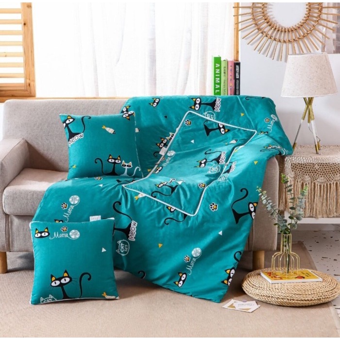 Selimut Dewasa Bantal Selimut 2in1 Bantal Lipat Praktis Jadi Selimut Foldable Pillow - Kucing Hijau(