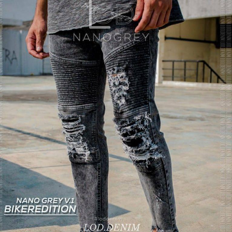 TERPERCAYA LOD.DENIM - Celana Panjang Jeans Biker Ripped Denim GREY - 99003