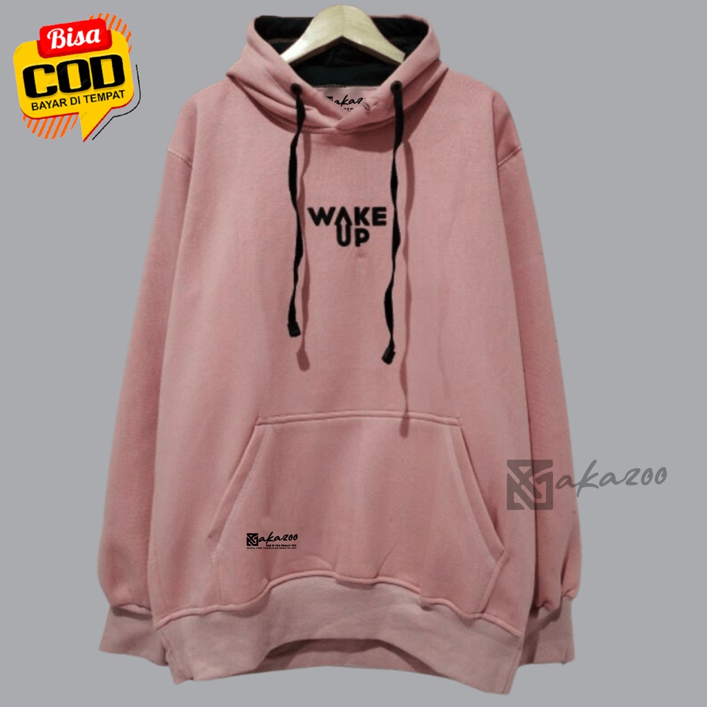 hoodie pria oversize korean style zpr Sablon wake up Warna Pink Muda hoodie pria sweater distro original bandung hoodie akazoo.id