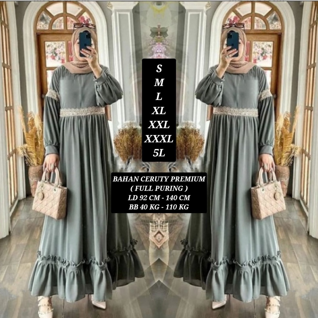 Gamis Lebaran Emak / Ibu Jumbo Renda Warna Abu Grey Silver Simpel Modis Mewah Kekinian LD 120 130 14