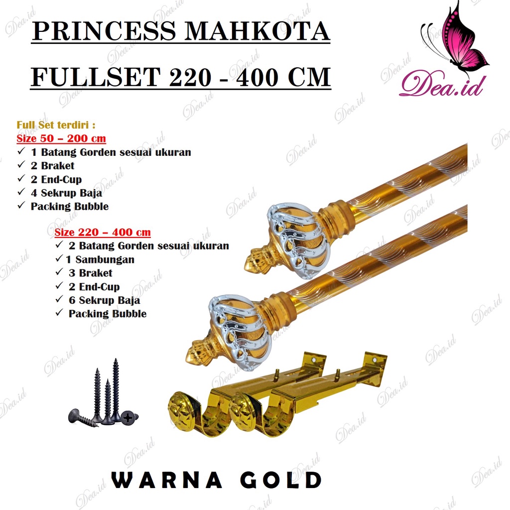 [DEASHOP] [PRINCESS 220-400 CM] FULLSET BATANG ROLLET GORDEN SOKA GOLD SILVER BLACK ULIR KRISTAL - NEW FULLSET TIANG GORDEN GORDYN PREMIUM MAHKOTA PRINCESS