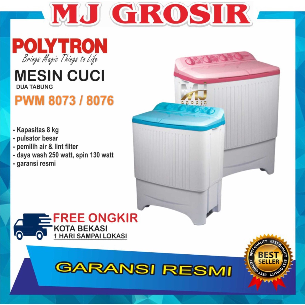 MESIN CUCI POLYTRON PWM 8073 2 TABUNG 8 KG HIJAB SERIES TWIN TUB