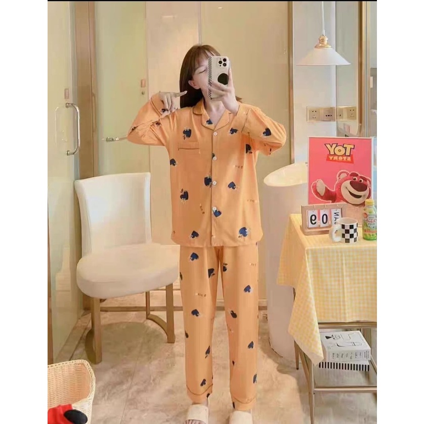 Baju tidur piyama lengan panjang celana panjang model krah bahan spandek import