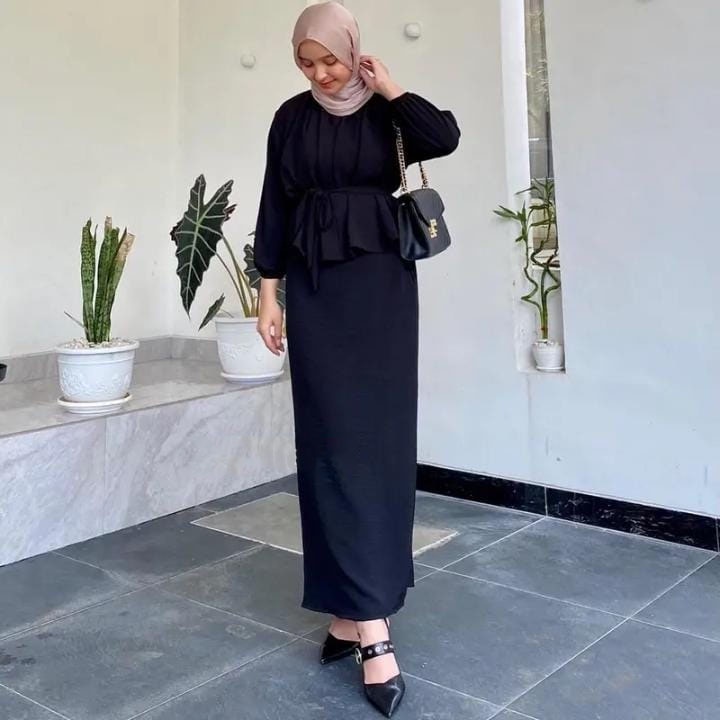 SRIWA One Set Gamis Setelan Wanita Crinkle Dini Set Rok Dan Atasan Os01-Black