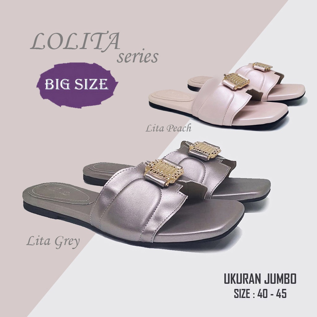 Sandal Wanita Flat Teplek Big Size 40-45 Sendal Flat Cantik Unik Ukuran Besar-Jumbo Pink Abu-abu